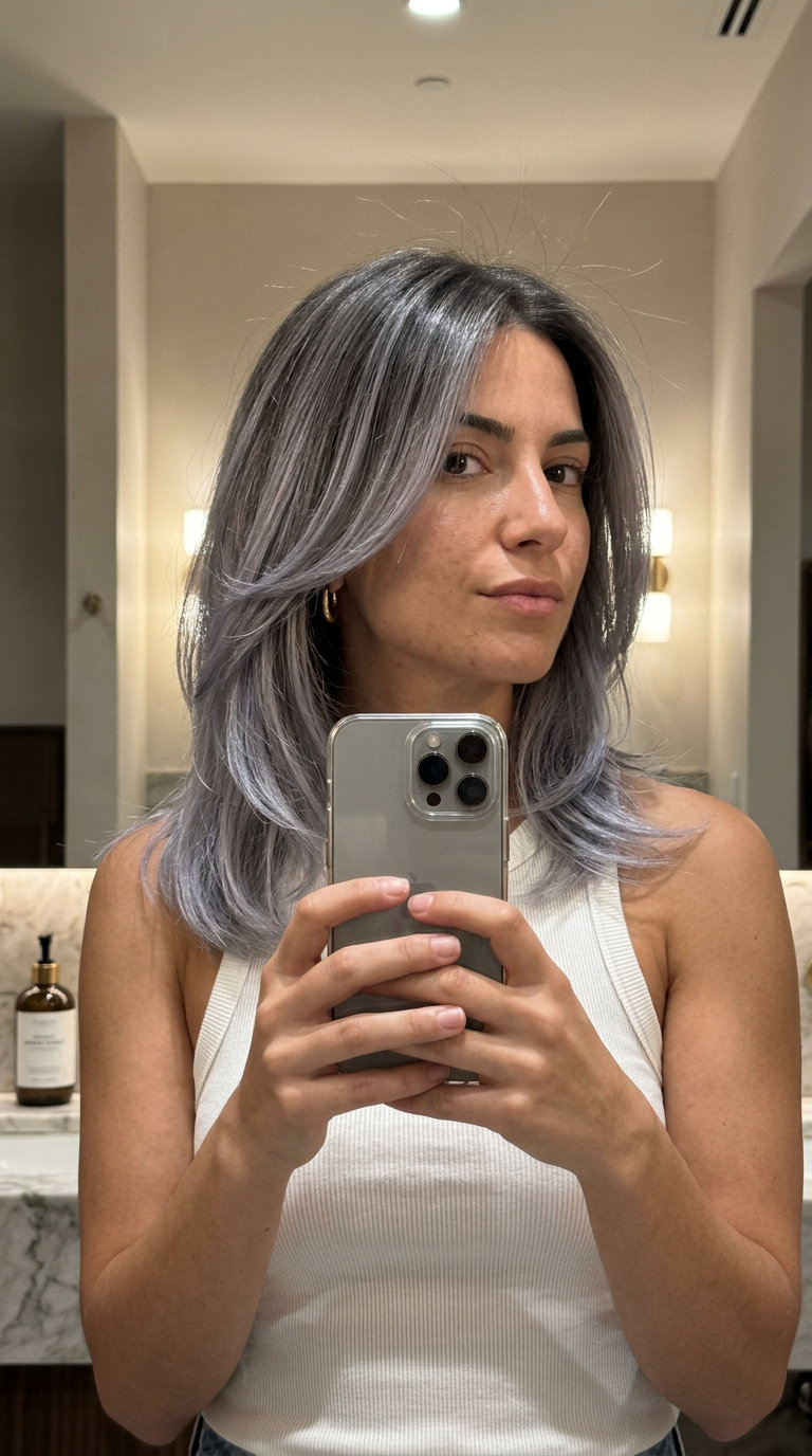 Silver Smoke Ash Blonde Balayage 2026 long ash blonde balayage with silver smoke, dark ash root, no bangs — edgy festival