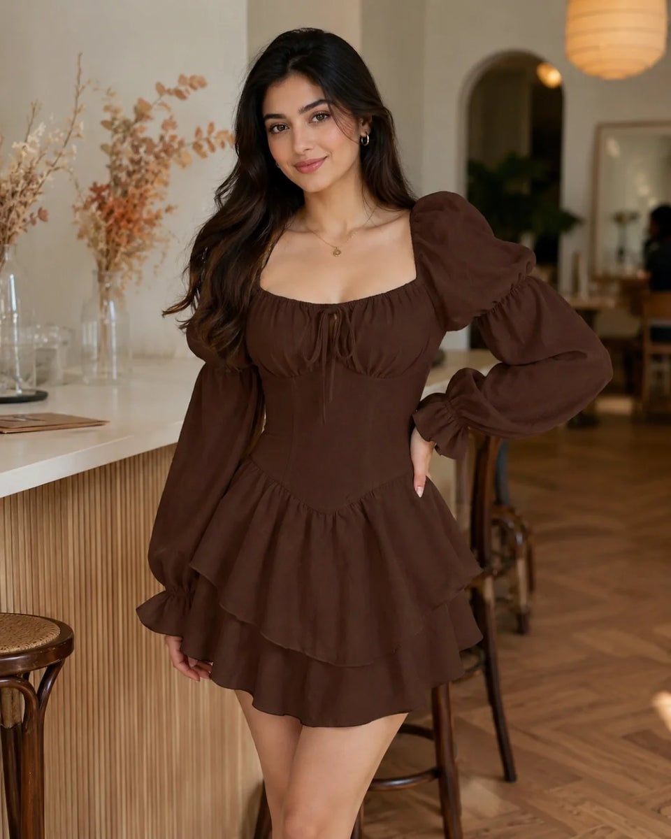 Brown Dress with Sweetheart Neckline and Tiered Ruffled Skirt — Simple 21st Birthday Outfits
