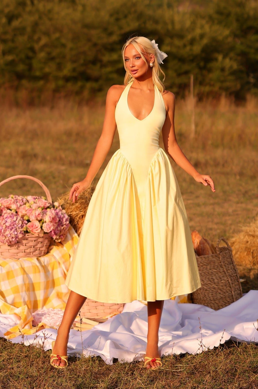 Pale Yellow Halter Neck Midi Dress with Full Gathered Skirt — Simple 21st Birthday Outfits