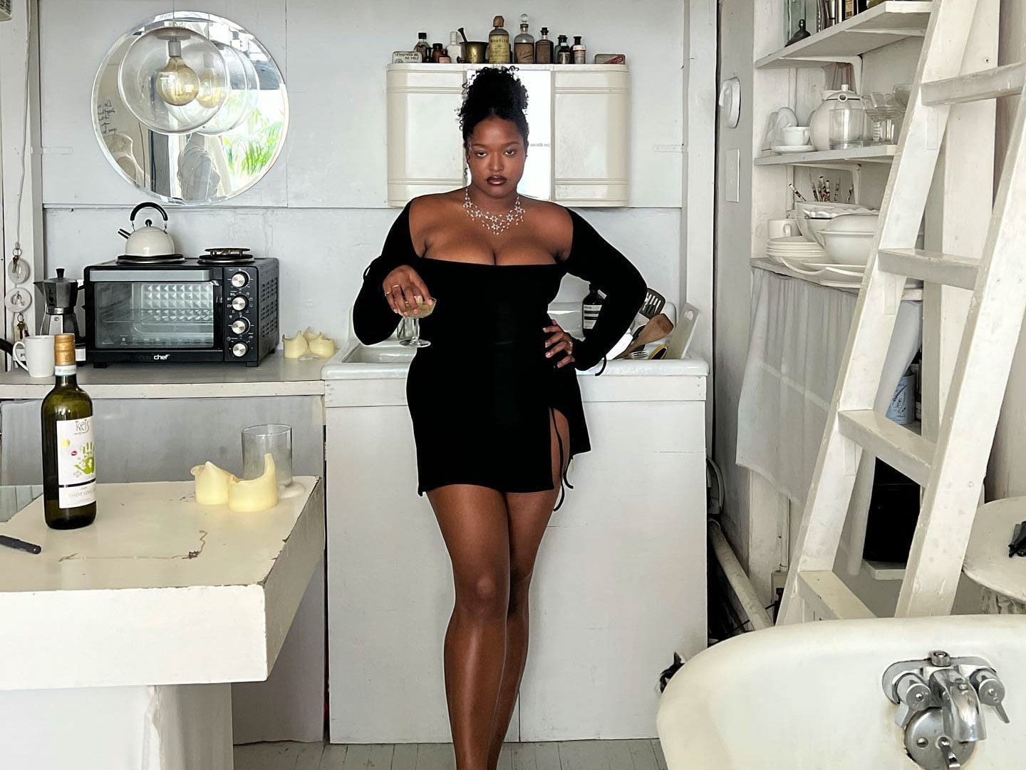 Black Off-The-Shoulder Mini Dress with Lace Trim and Slit — Simple 21st Birthday Outfits