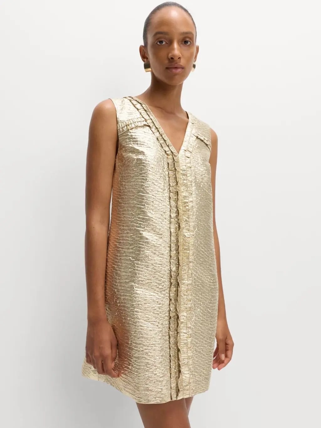 Gold Metallic Mini Dress with V-neck and Ruffle Details — Simple 21st Birthday Outfits