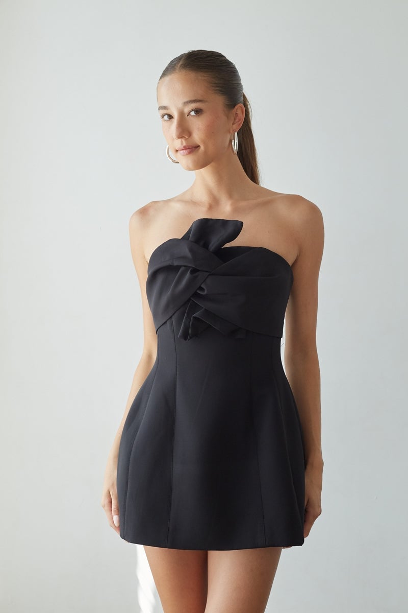 Black Strapless Scuba Mini Dress with Large Bow — Simple 21st Birthday Outfits