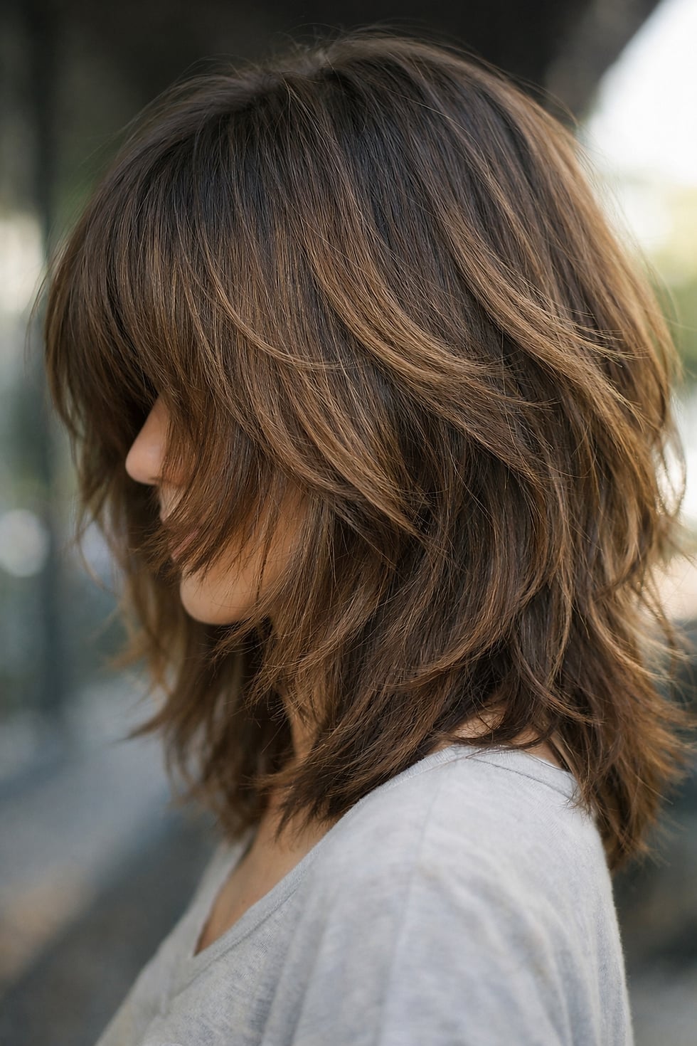Grey T-Shirt with Shaggy Layered 90s Hair, Close-Up Take Grey T-Shirt with Shaggy Layered 90s Hair, Close-Up Take — Simple 90s Blowout