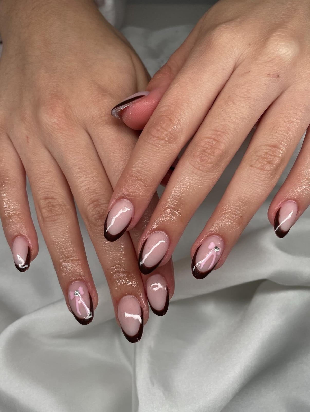 Medium Almond Nails With Dark Brown French Tips Medium Almond Nails With Dark Brown French Tips — Simple Almond Nails