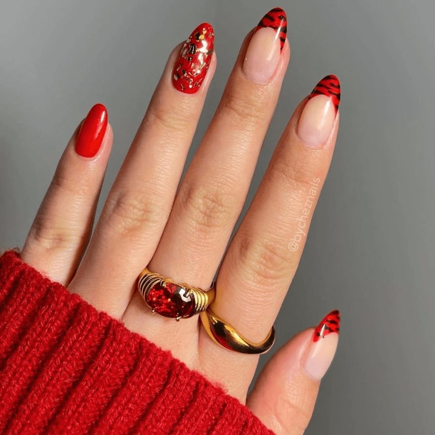Medium Almond Nails With Tiger Print French Tips Medium Almond Nails With Tiger Print French Tips — Simple Almond Nails