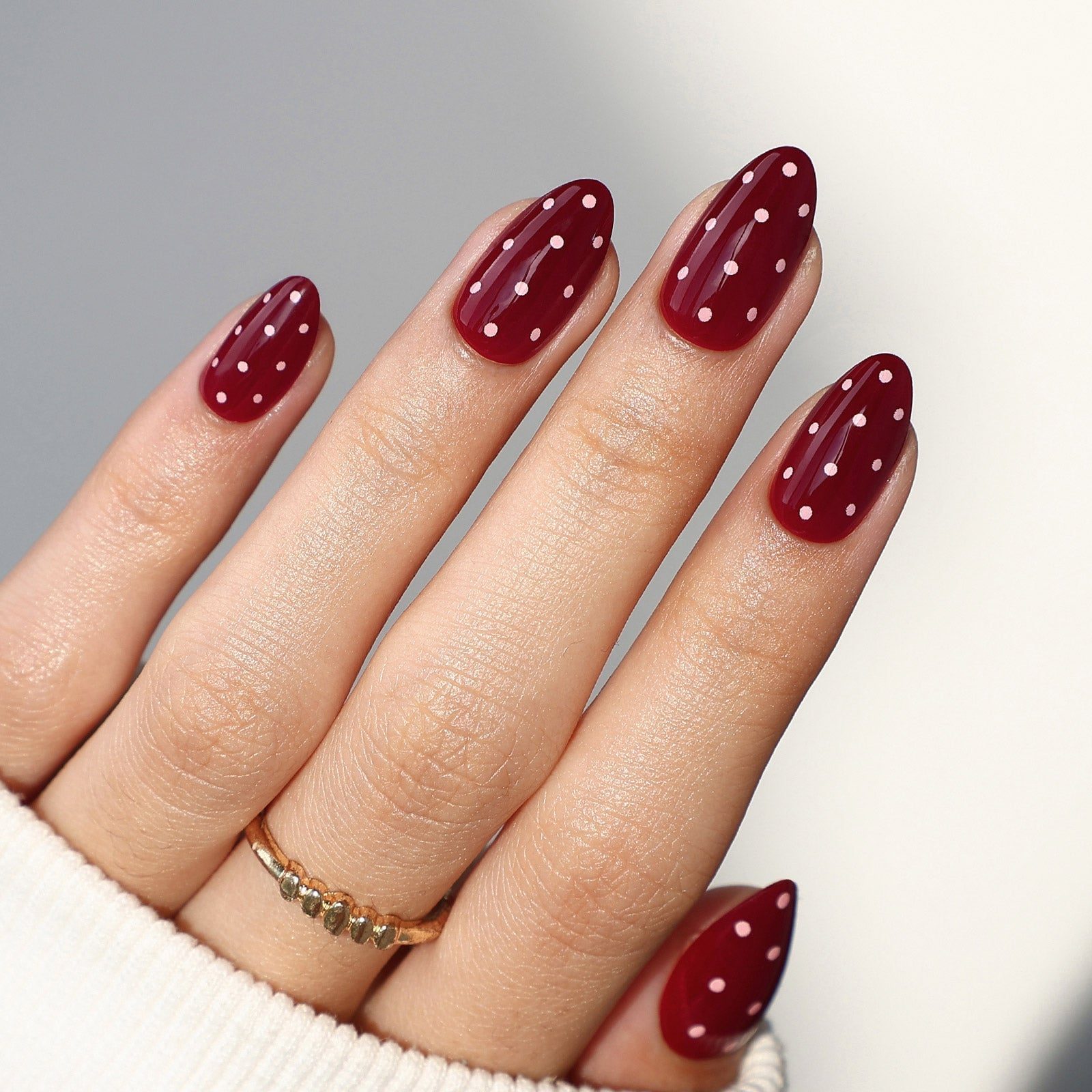 Short Almond Nails With Dark Red Polka Dots Short Almond Nails With Dark Red Polka Dots — Simple Almond Nails