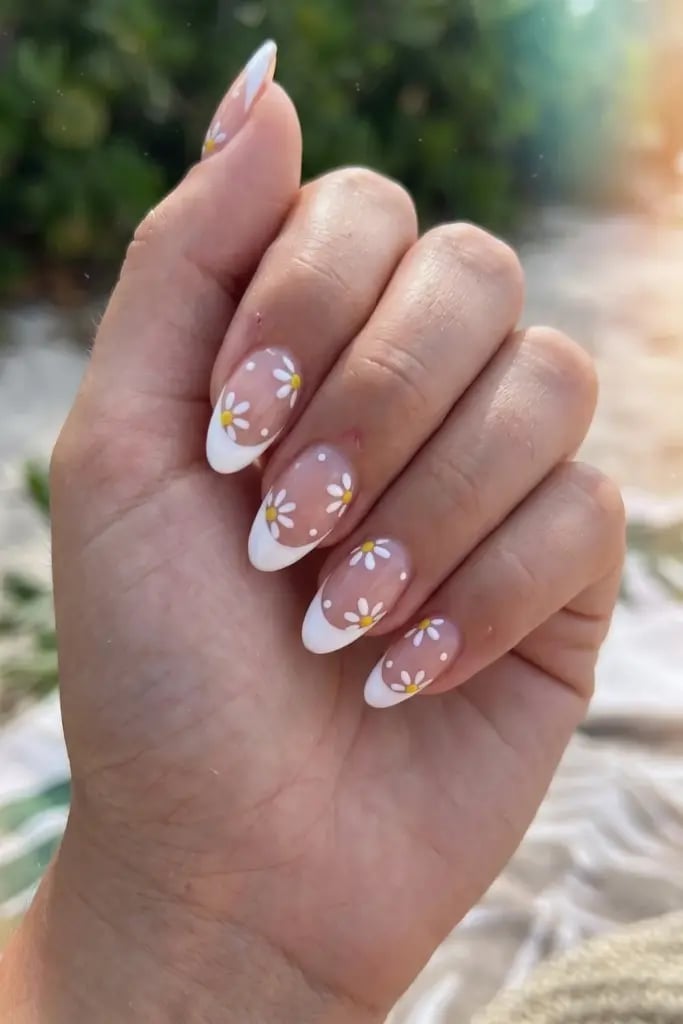 Medium Almond Nails With Daisy French Tips, Glossy Medium Almond Nails With Daisy French Tips, Glossy — Simple Almond Nails