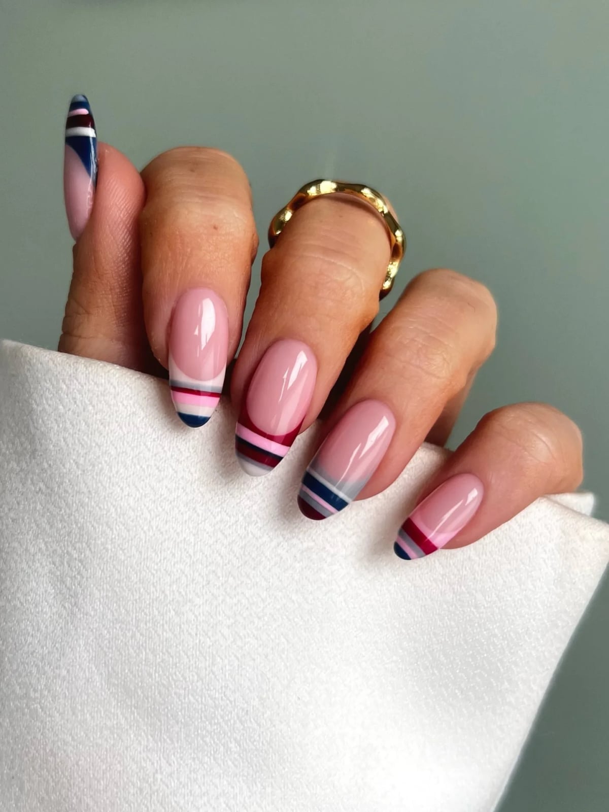 Medium Almond Nails With Striped French Tips Medium Almond Nails With Striped French Tips — Simple Almond Nails