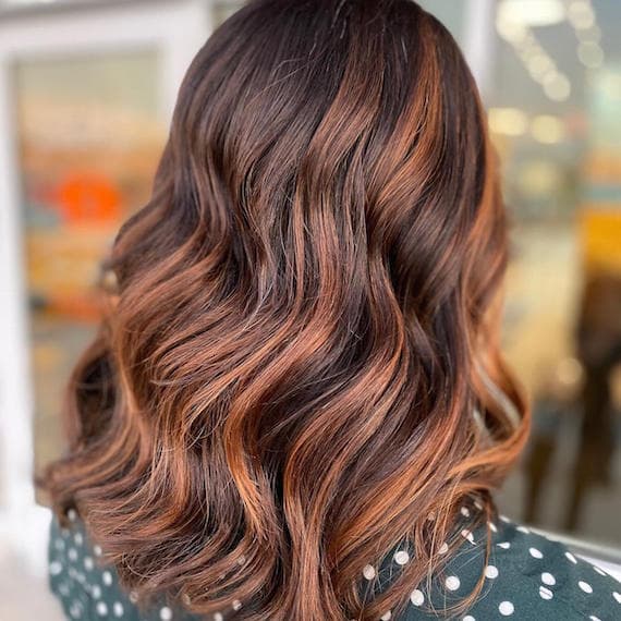 Collarbone Length Dark Brown With Copper Auburn Balayage — Simple Auburn Balayage
