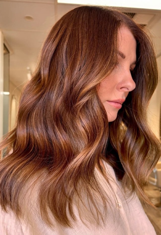 Mid-Back Auburn With Honey Balayage And Curtain Bangs — Simple Auburn Balayage