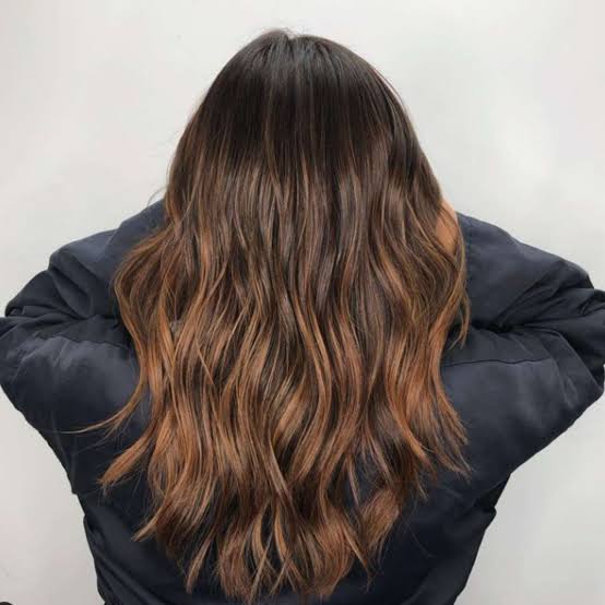 Back View Mid-Back Waves With Dark Brown Auburn Balayage — Simple Auburn Balayage