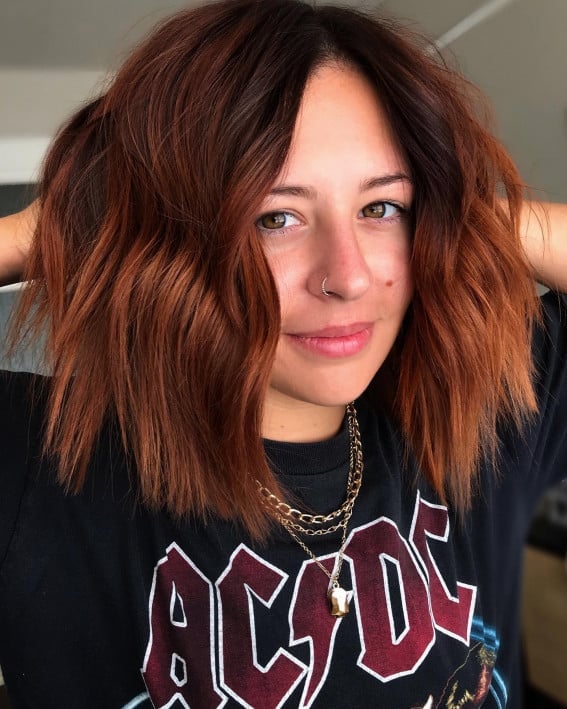Back View Mid-Back Hair With Warm Auburn Balayage, Layers — Simple Auburn Balayage
