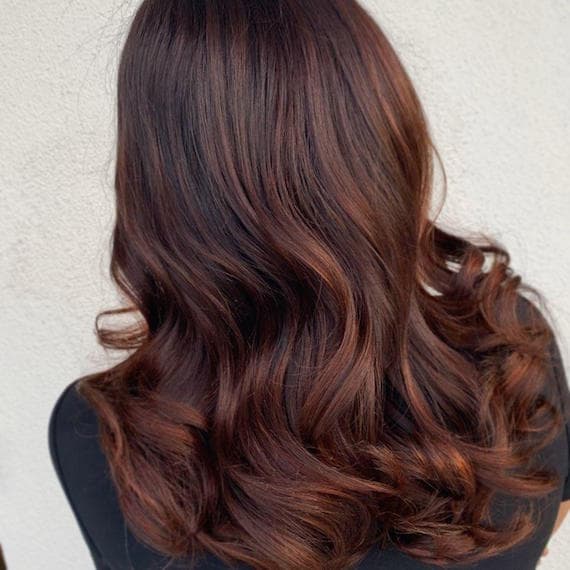 Back View Mid-Back Dark Brown With Auburn Balayage, Close-Up Take — Simple Auburn Balayage