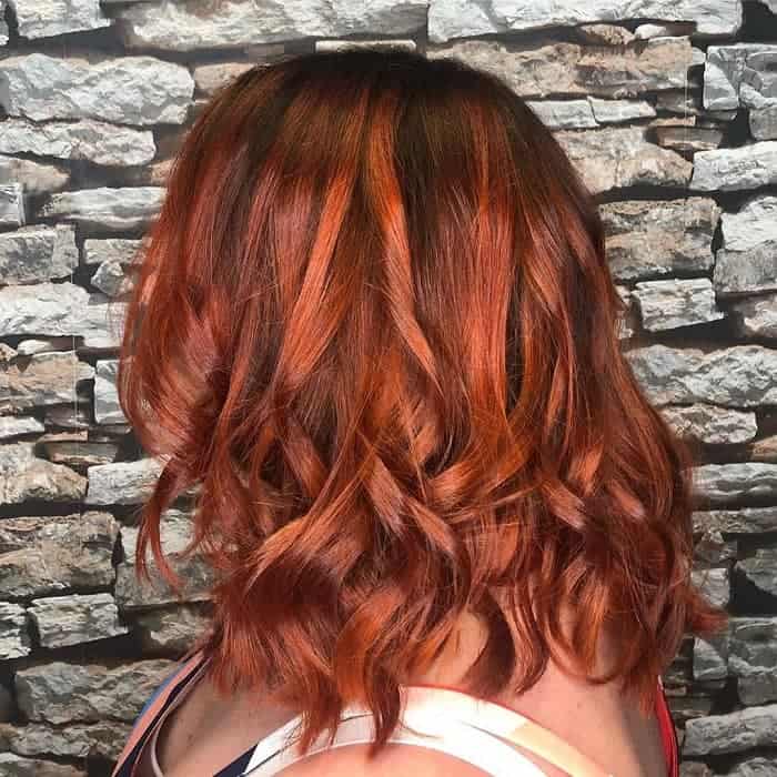 Chin Length Lob With Bright Auburn Balayage — Simple Auburn Balayage