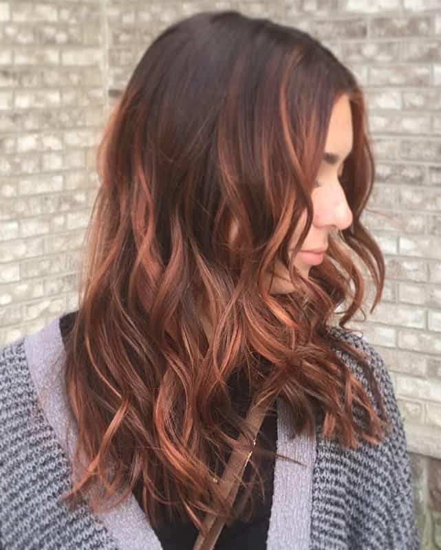 Shoulder Length Hair With Soft Auburn Balayage And Curtain Bangs — Simple Auburn Balayage