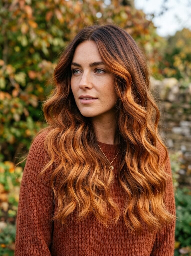 Mid-Back Wavy Hair With Vibrant Copper Balayage — Simple Auburn Balayage