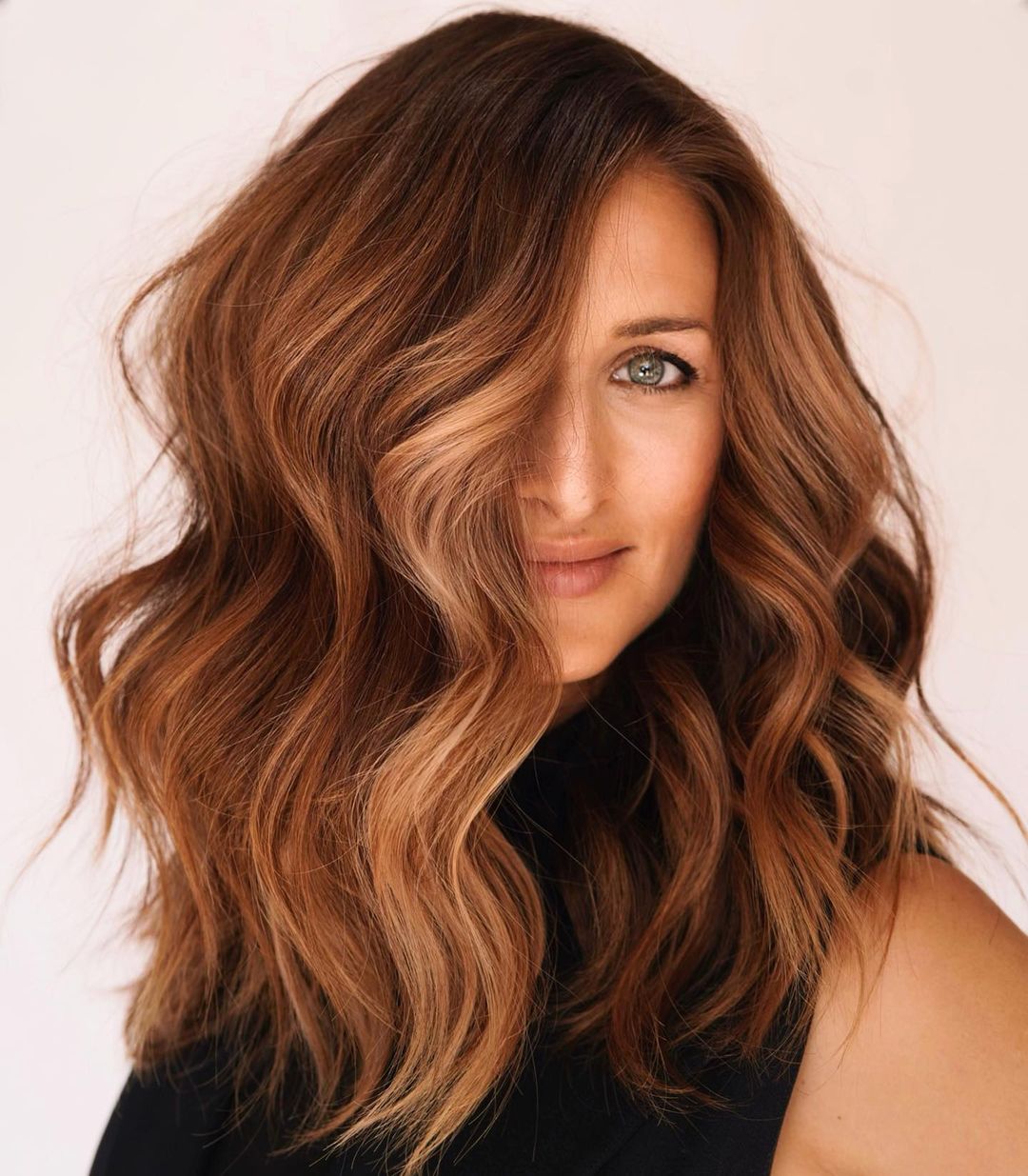 Mid-Back Waves With Medium Brown Auburn Balayage — Simple Auburn Balayage