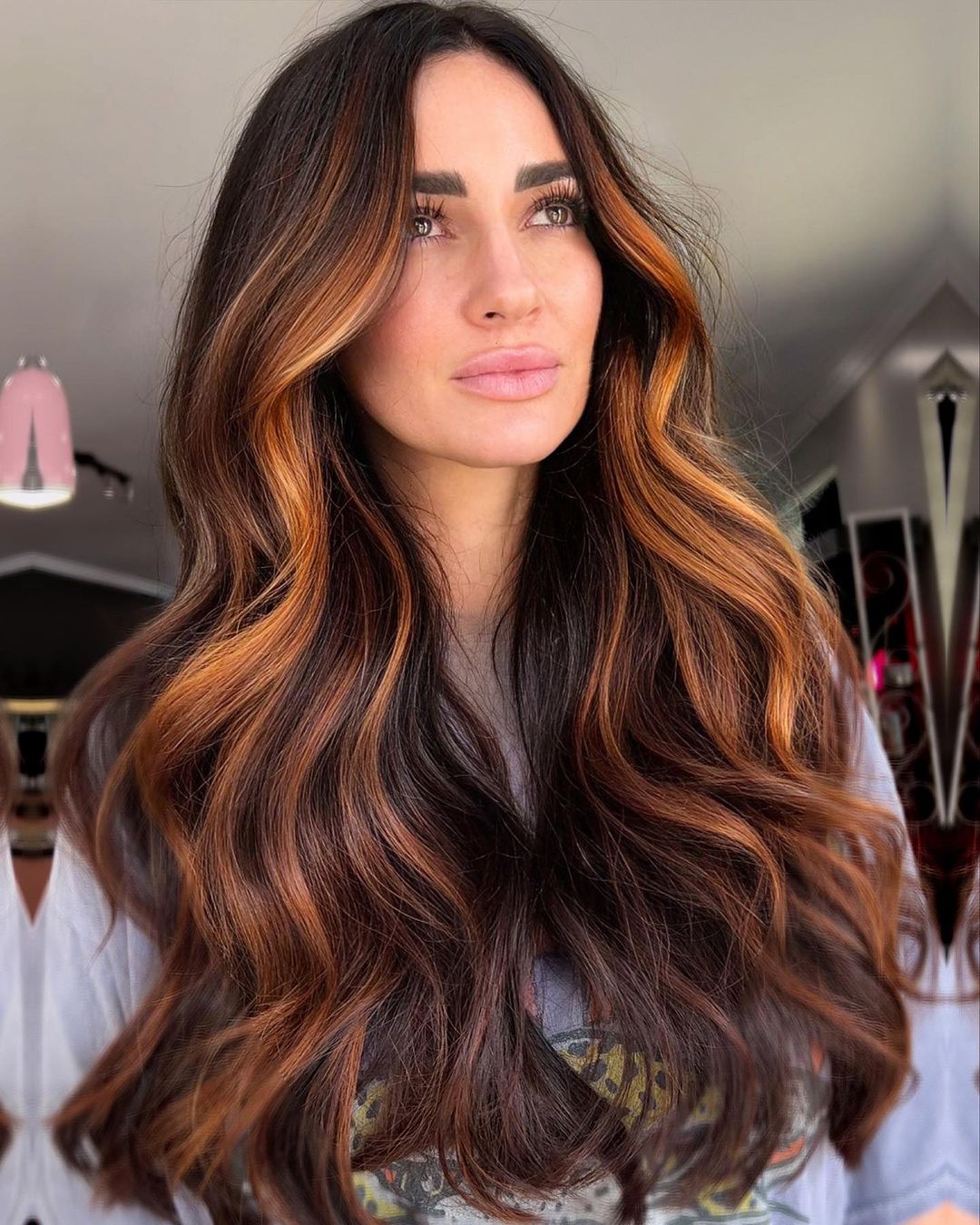 Glossy Mid-Back Hair With Auburn Balayage Highlights — Simple Auburn Balayage