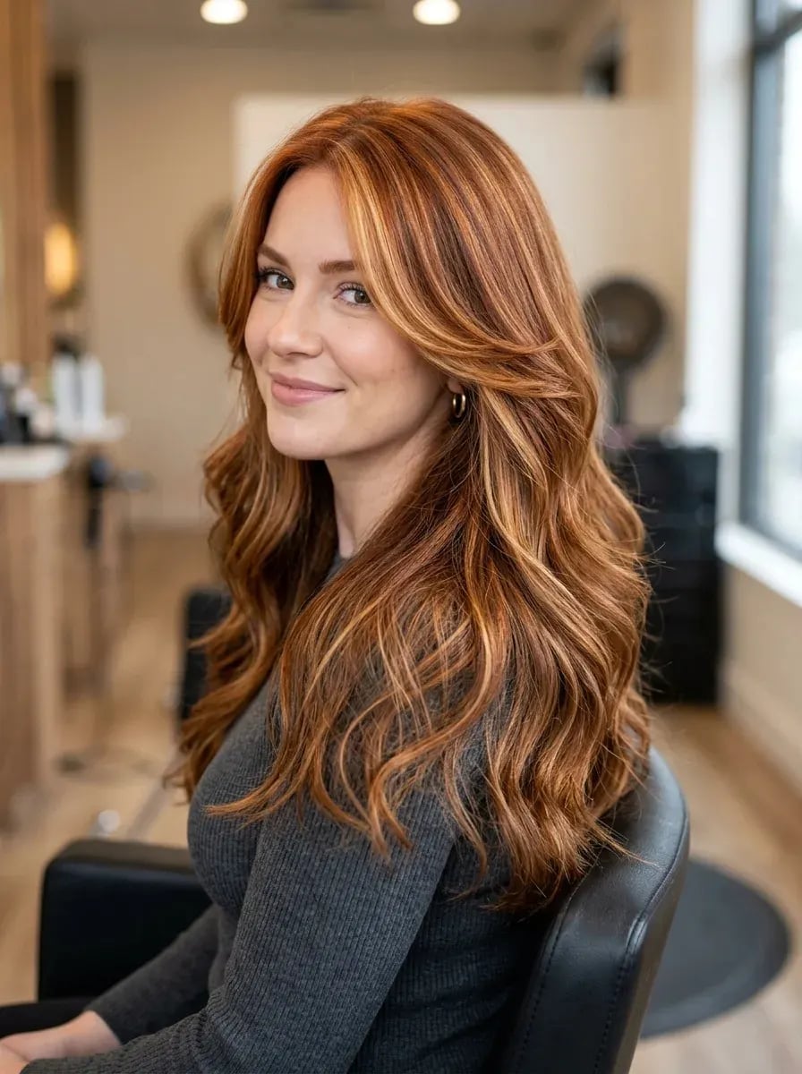 Long Wavy Auburn With Blonde Highlights Long Wavy Auburn With Blonde Highlights — Simple Auburn Highlights