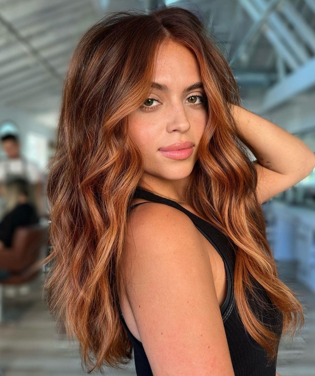Mid-Back Auburn With Lighter Auburn Highlights and Curtain Bangs Mid-Back Auburn With Lighter Auburn Highlights and Curtain Bangs — Simple Auburn Highlights