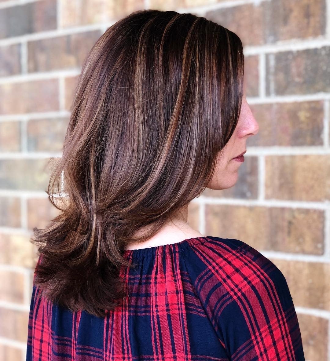 Collarbone Dark Brown With Auburn Highlights and Side Swept Bangs Collarbone Dark Brown With Auburn Highlights and Side Swept Bangs — Simple Auburn Highlights