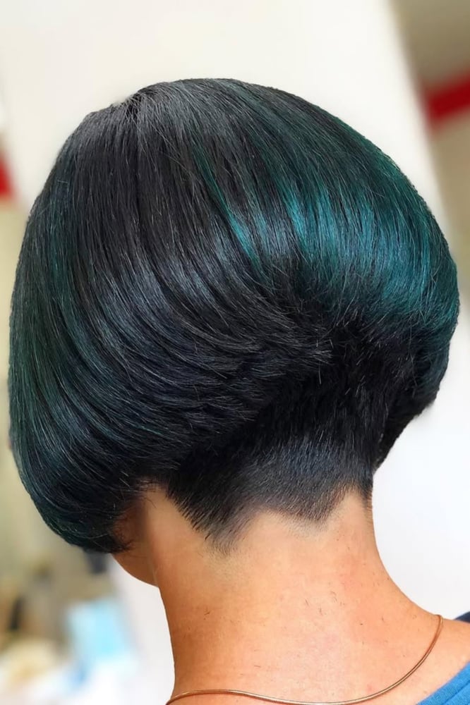Stacked Black Bob With Teal Undertones Stacked Black Bob With Teal Undertones — Simple Back Haircuts