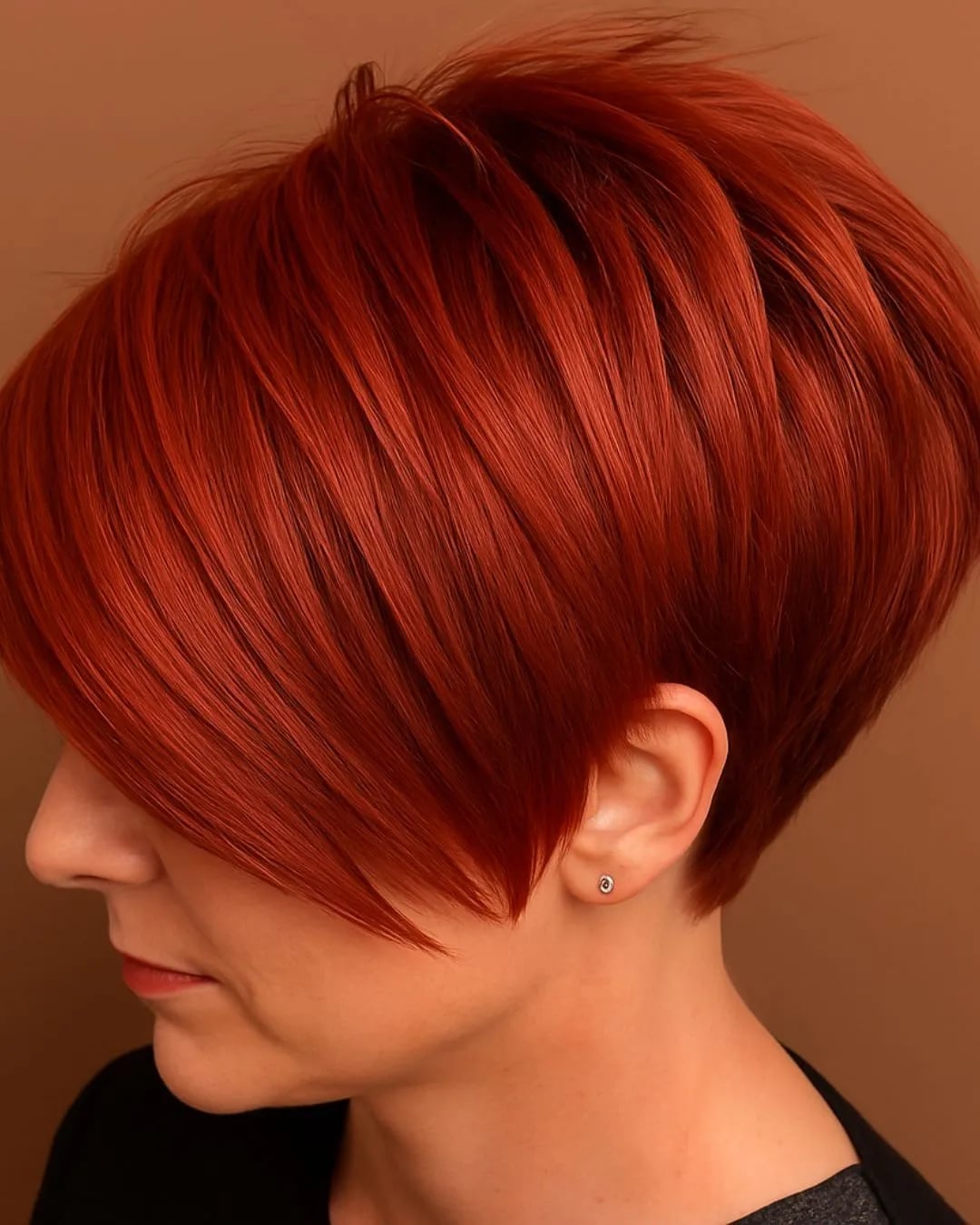 Stacked Copper Red Bob With Side Bangs Stacked Copper Red Bob With Side Bangs — Simple Back Haircuts