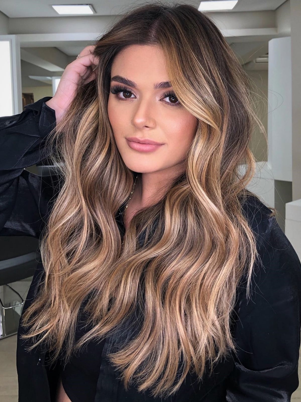 Mid-Back With Caramel Balayage and Side Bangs — Simple Balayage