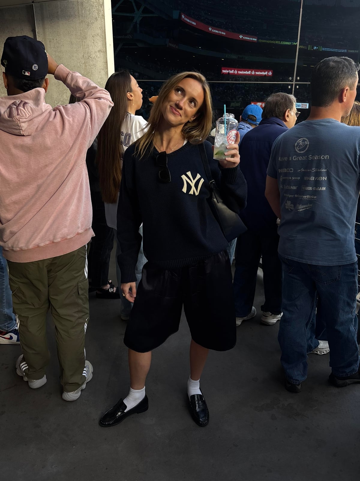 NY Logo Sweater and Satin Shorts Game Day Look NY Logo Sweater and Satin Shorts Game Day Look — Simple Baseball Game Outfits