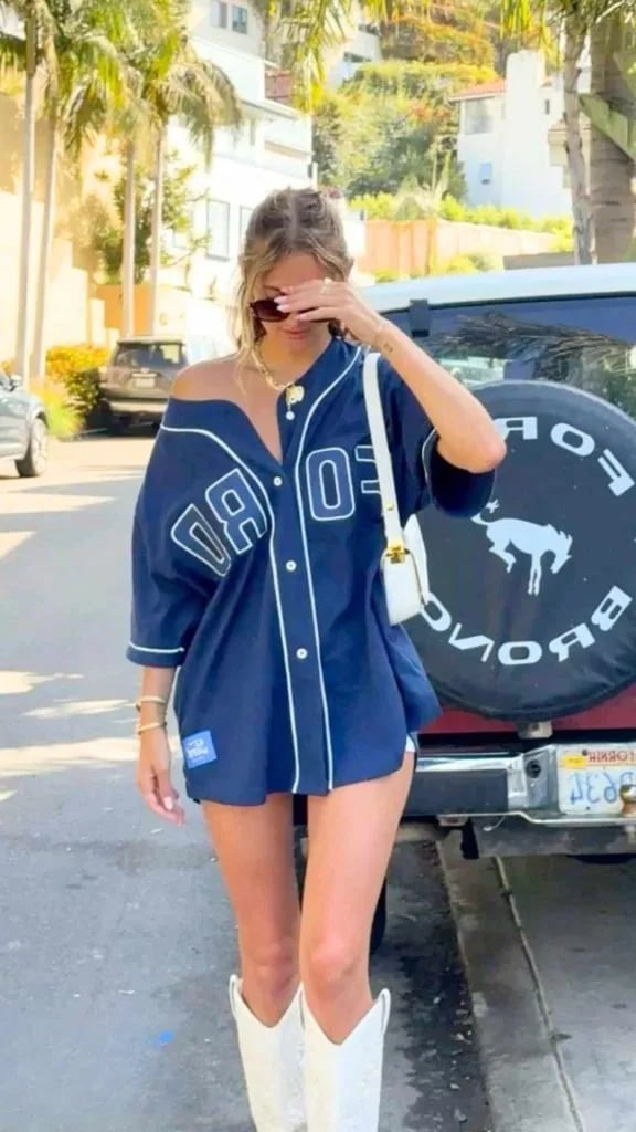 Oversized Baseball Jersey and White Cowboy Boots Oversized Baseball Jersey and White Cowboy Boots — Simple Baseball Game Outfits