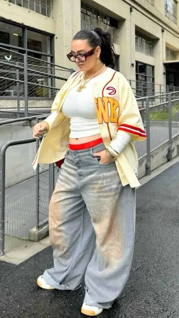 Oversized Baseball Jersey with Wide Leg Jeans Oversized Baseball Jersey with Wide Leg Jeans — Simple Baseball Game Outfits