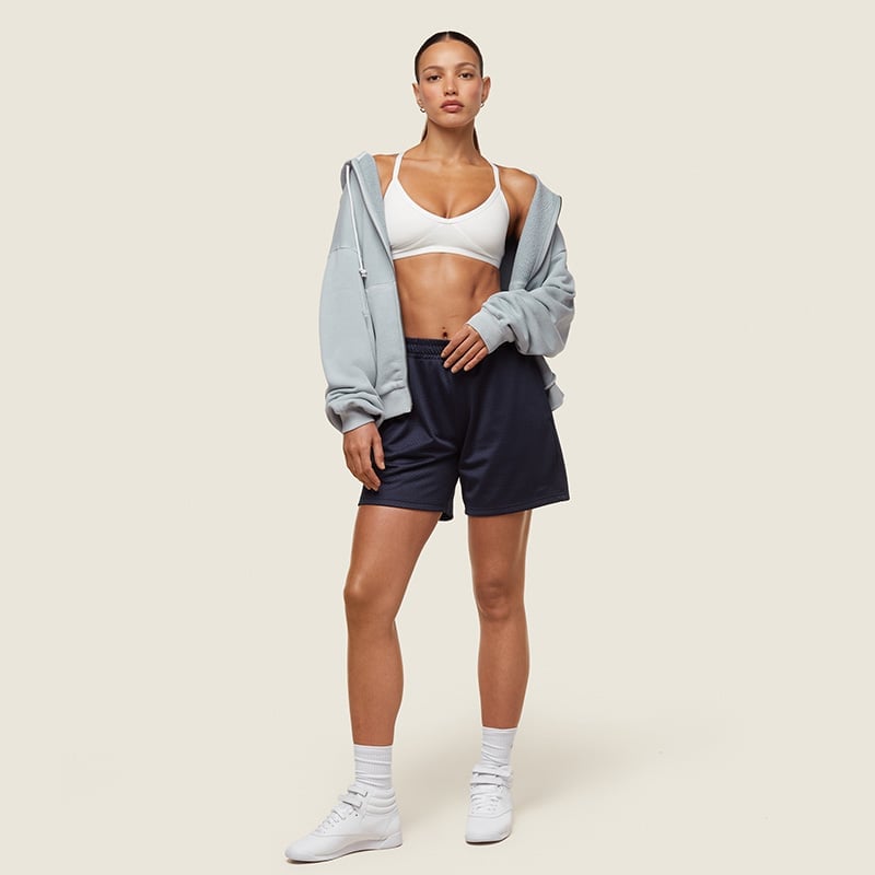 Athleisure Hoodie with Sports Bra and Mesh Shorts, Close-Up Take Athleisure Hoodie with Sports Bra and Mesh Shorts, Close-Up Take — Simple Basketball Game Outfits