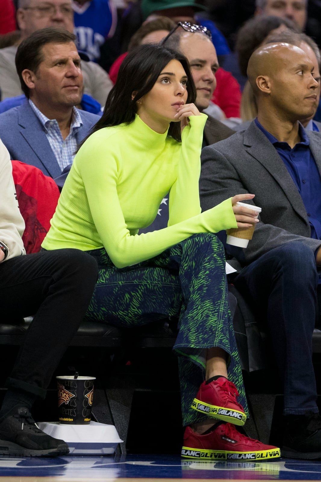 Neon Mock Neck Top with Abstract Print Pants Neon Mock Neck Top with Abstract Print Pants — Simple Basketball Game Outfits
