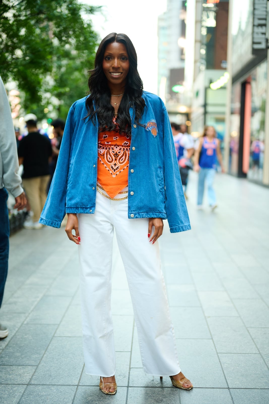 Denim Jacket with Bandana Top and Wide Leg Pants Denim Jacket with Bandana Top and Wide Leg Pants — Simple Basketball Game Outfits