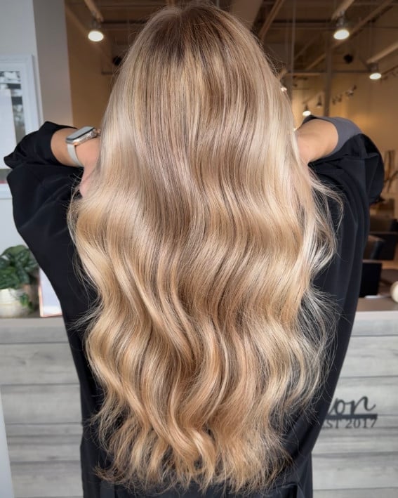 Mid-Back Beige Blonde With Root Shadow Balayage Mid-Back Beige Blonde With Root Shadow Balayage — Simple Beige Blonde Hair