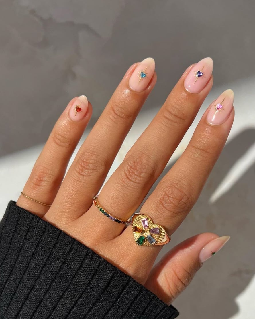 Tiny Rhinestone Accents Medium Almond Nails Tiny Rhinestone Accents Medium Almond Nails — Simple Birthday Nails