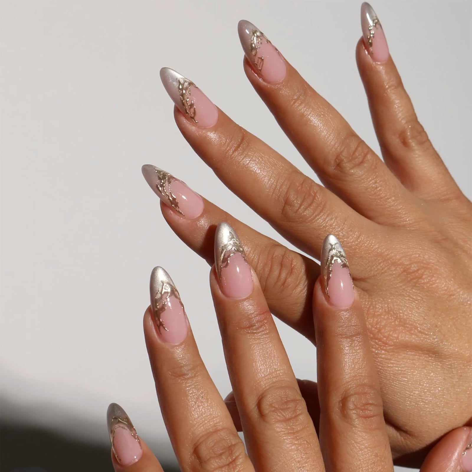 Silver Pattern Metallic French Medium Almond Nails Silver Pattern Metallic French Medium Almond Nails — Simple Birthday Nails