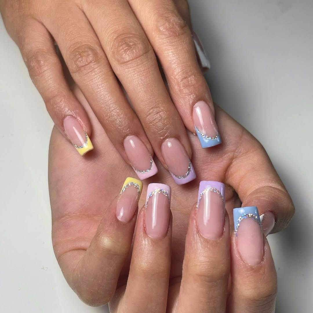 Pastel French Tips with Rhinestone Accent Nails Pastel French Tips with Rhinestone Accent Nails — Simple Birthday Nails