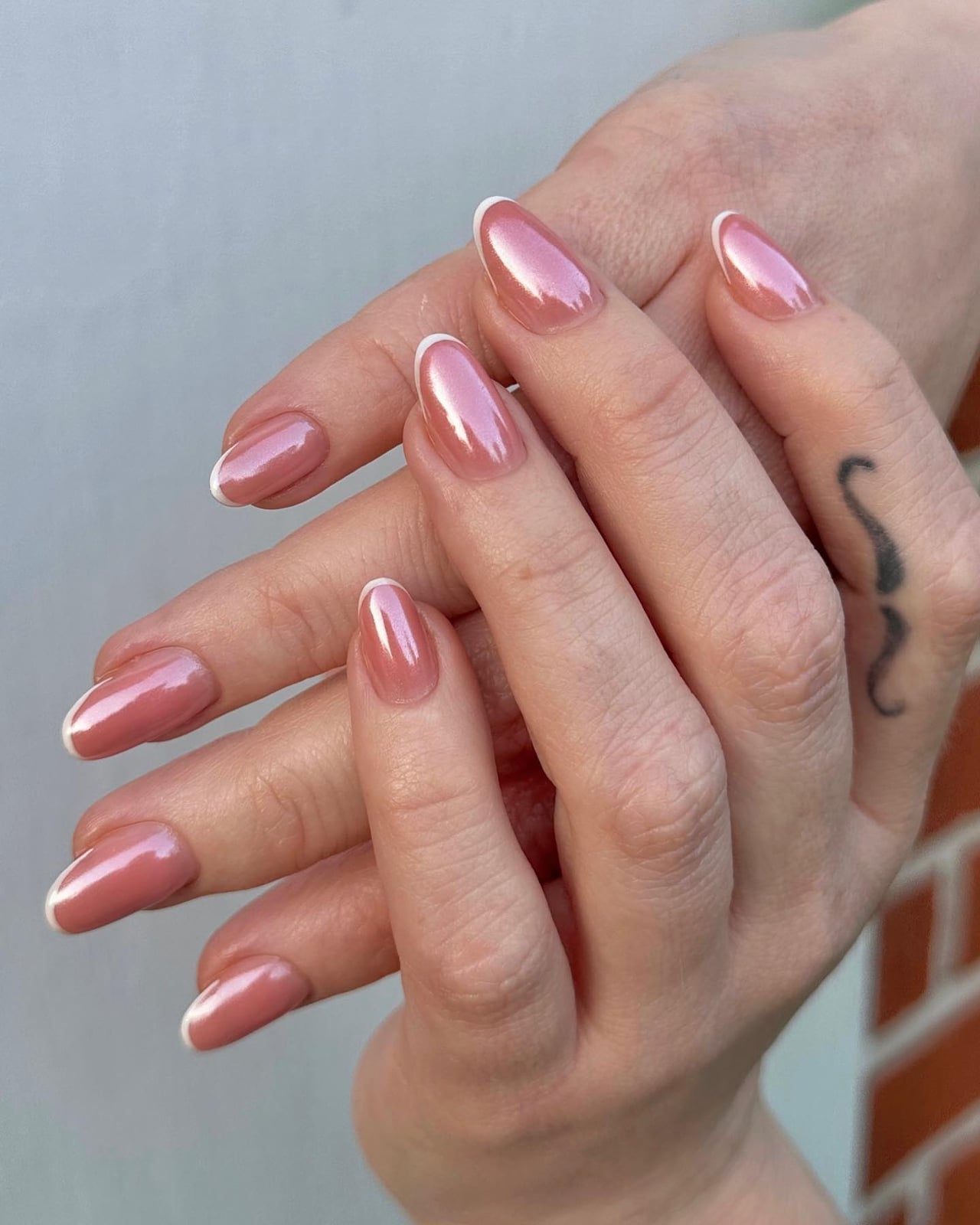 Pearlescent Pink Chrome French Medium Oval Nails, Office-Safe Version Pearlescent Pink Chrome French Medium Oval Nails, Office-Safe Version — Simple Birthday Nails