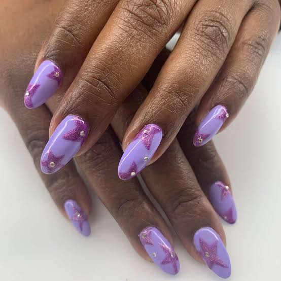 Lavender Glitter Star Rhinestone Almond Nails Lavender Glitter Star Rhinestone Almond Nails — Simple Birthday Nails