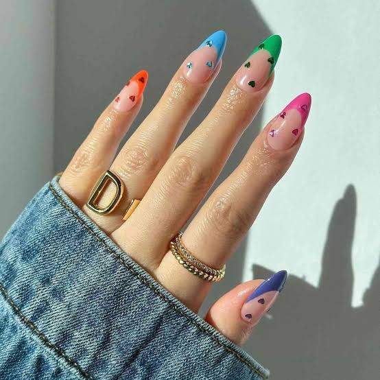 Nude Base Bright French Heart Decal Almond Nails Nude Base Bright French Heart Decal Almond Nails — Simple Birthday Nails
