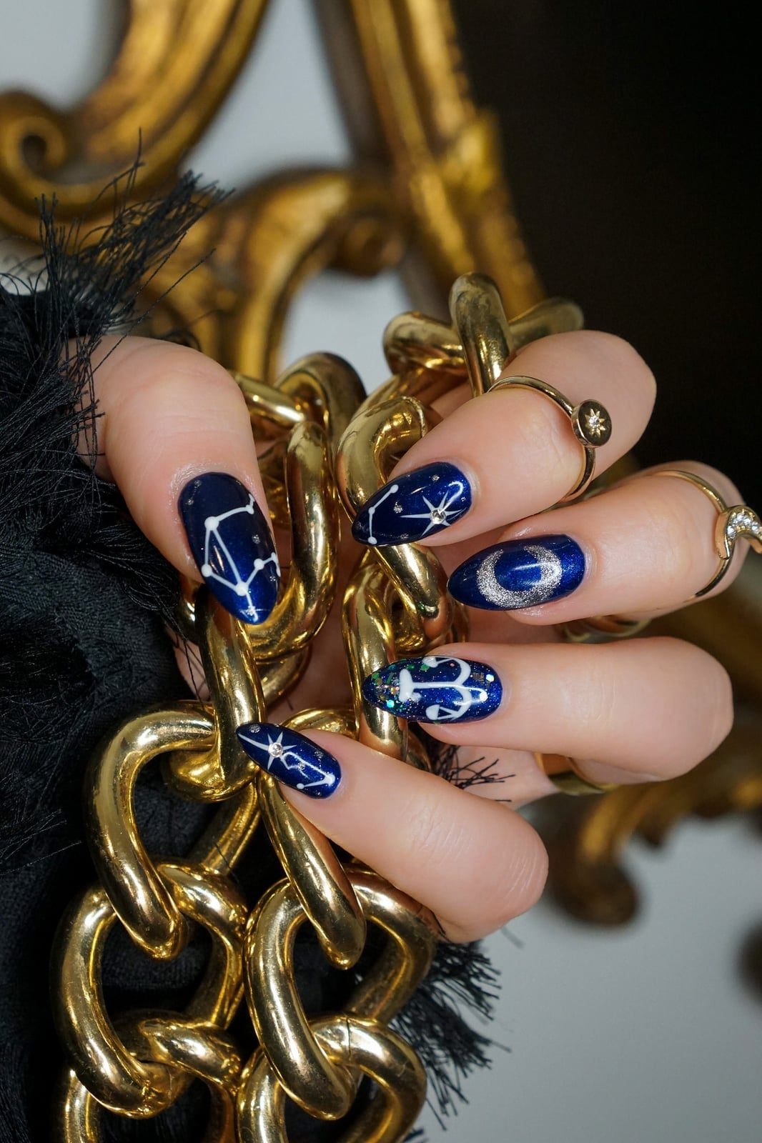 Dark Blue Shimmer Constellation Medium Almond Nails Dark Blue Shimmer Constellation Medium Almond Nails — Simple Birthday Nails
