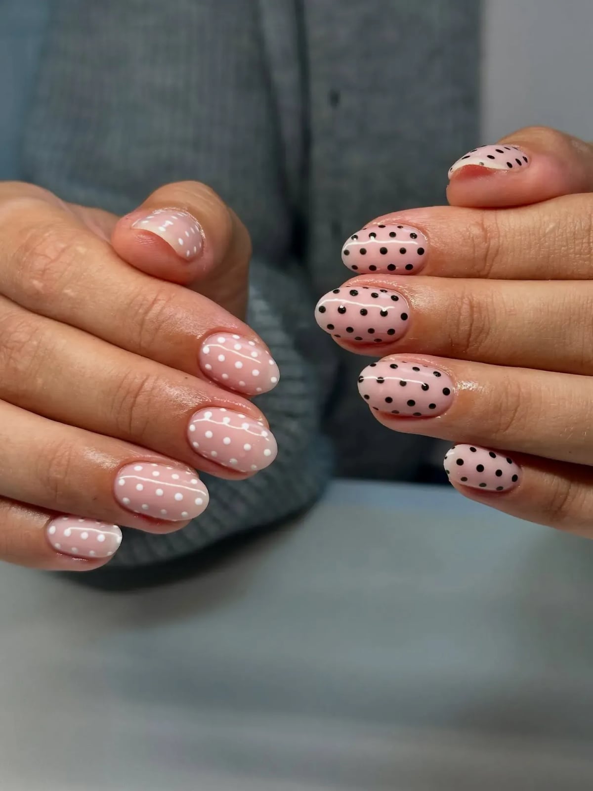 Pale Pink Black and White Polka Dot Nails Pale Pink Black and White Polka Dot Nails — Simple Birthday Nails