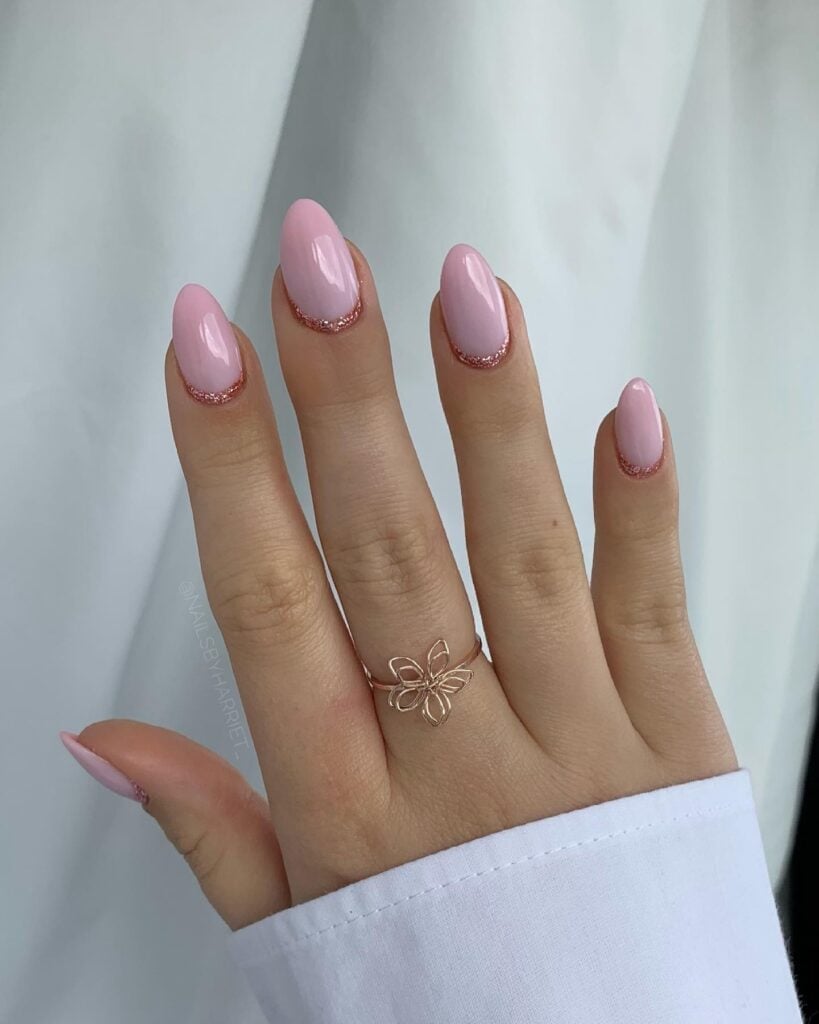Pale Pink Glitter French Medium Almond Nails Pale Pink Glitter French Medium Almond Nails — Simple Birthday Nails