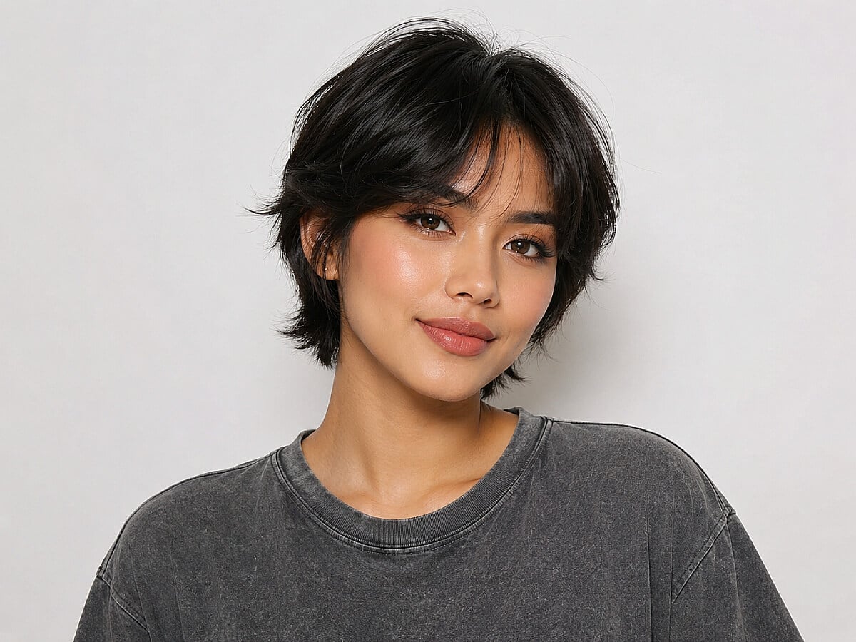 Dark Brown Bixie With Textured Curtain Bangs Dark Brown Bixie With Textured Curtain Bangs — Simple Bixie Haircut
