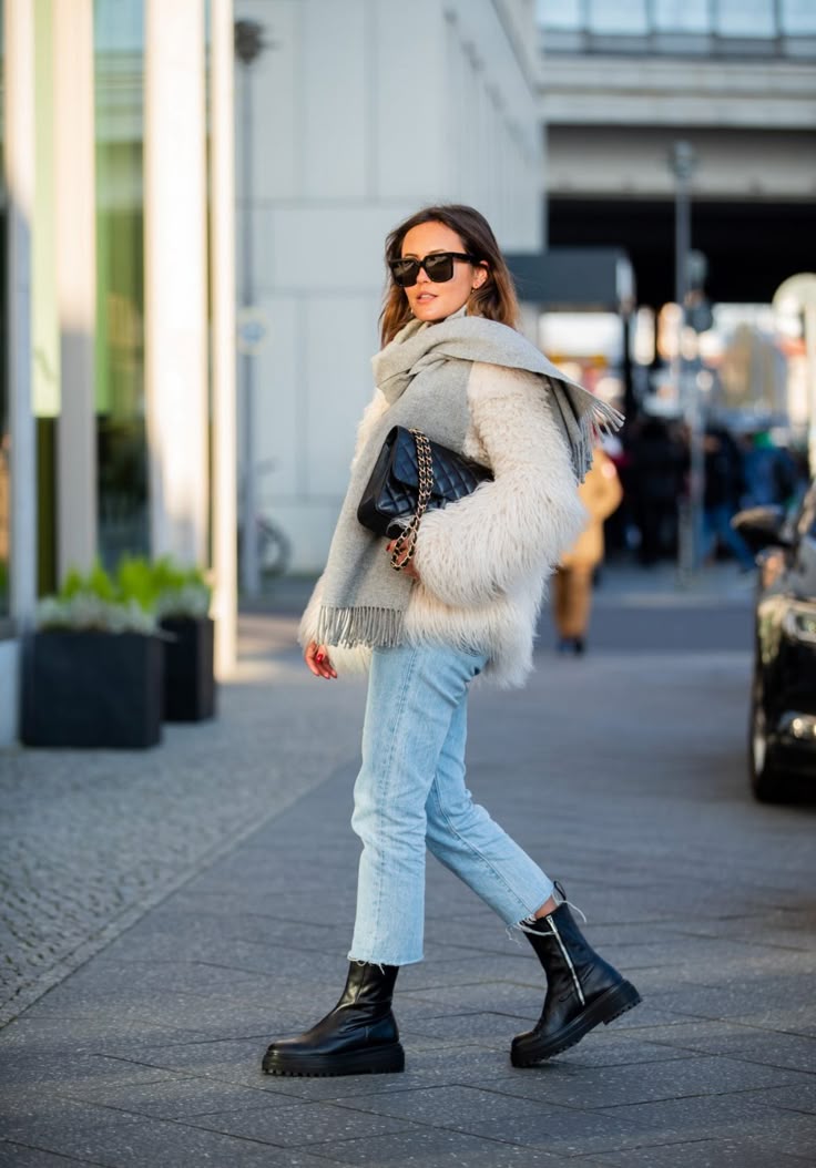 Black Boots With Straight Leg Jeans And Faux Fur Coat Black Boots With Straight Leg Jeans And Faux Fur Coat — Simple Black Boots Outfit