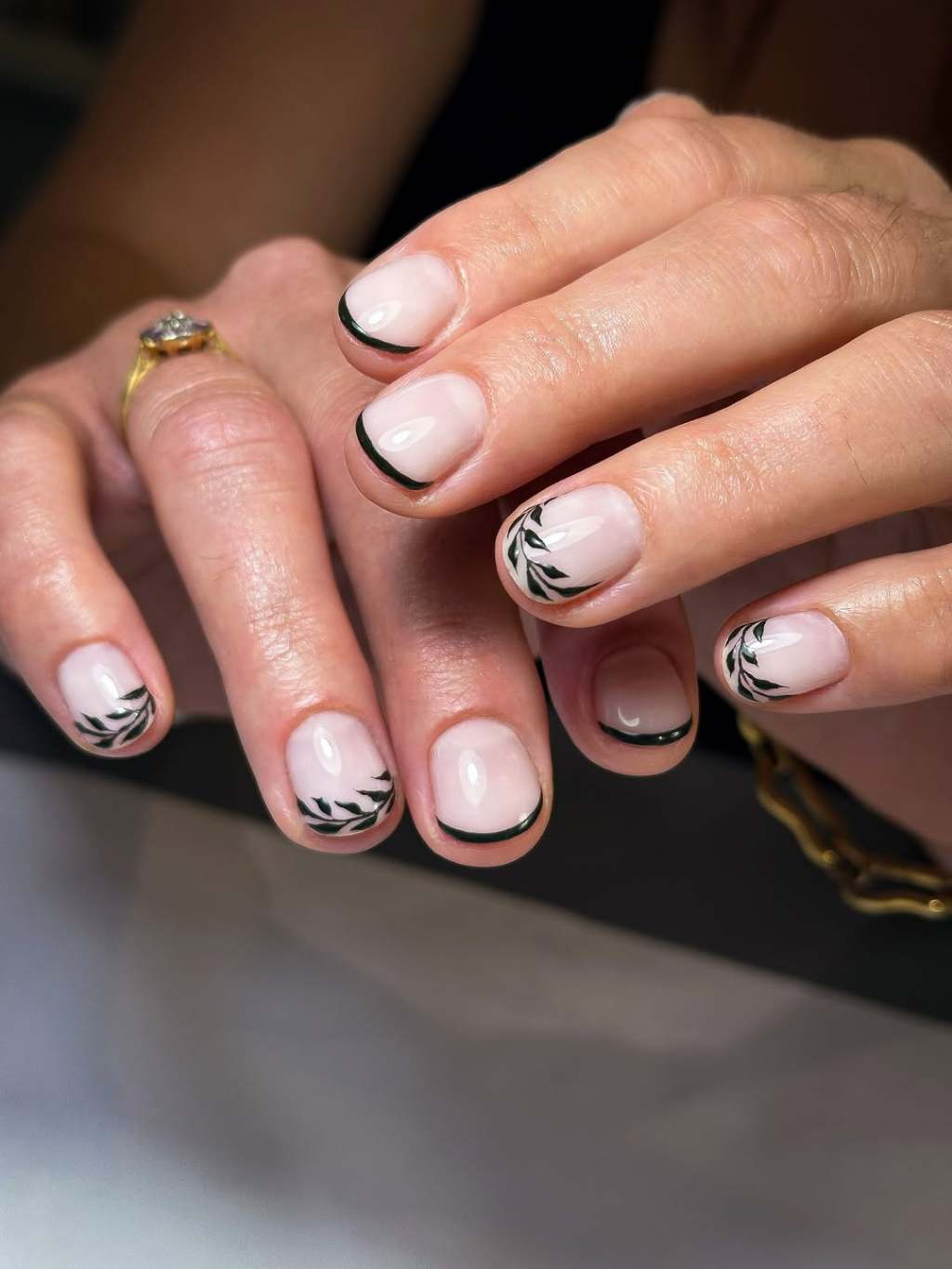 Short Square Black French With Leaf Art — Simple Black French Nails