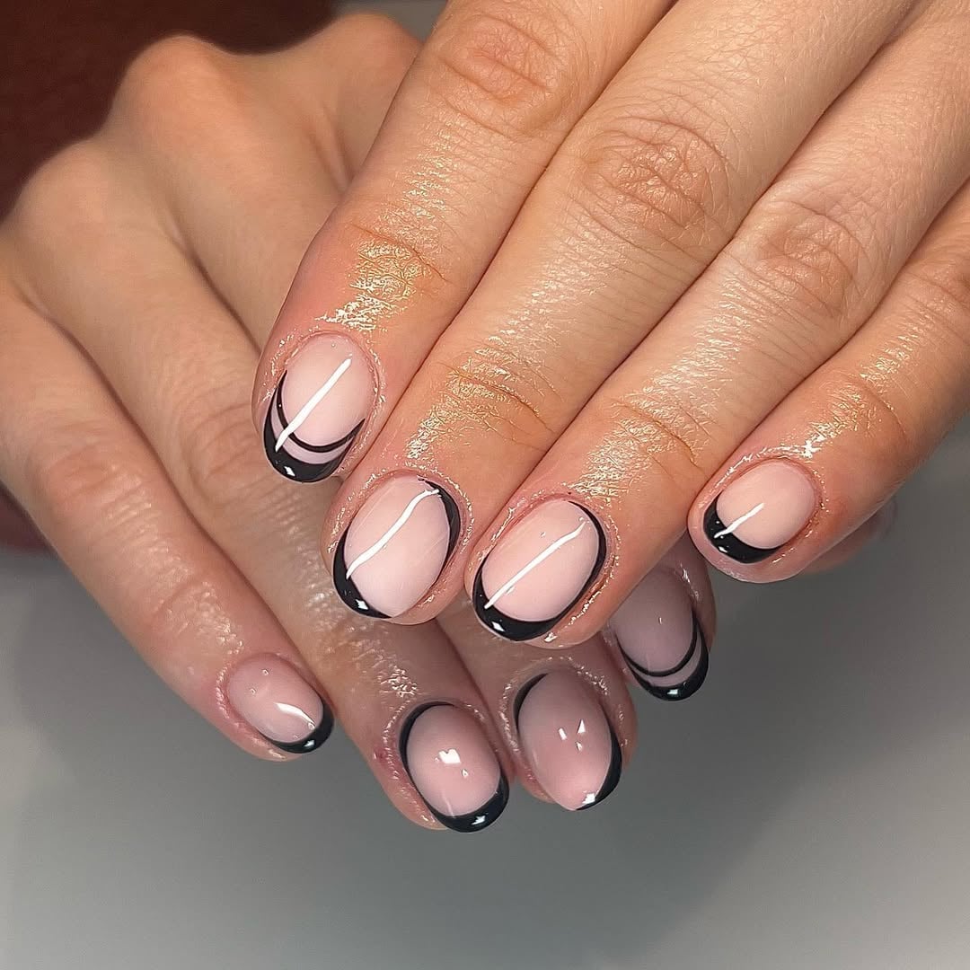Medium Almond Yin-Yang Black French Art — Simple Black French Nails