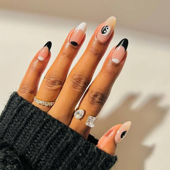 Medium Almond Black French White Polka Dots — Simple Black French Nails