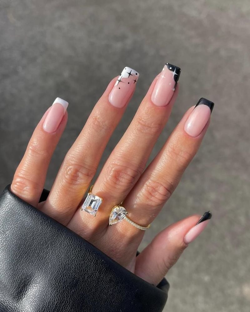 Medium Square Geometric Black and White Art — Simple Black French Nails